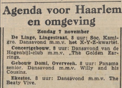 Nieuwe Haarlemsche Courant Golden Ear-rings Haarlem Hogenbijl Club November 07 1965 show announcement